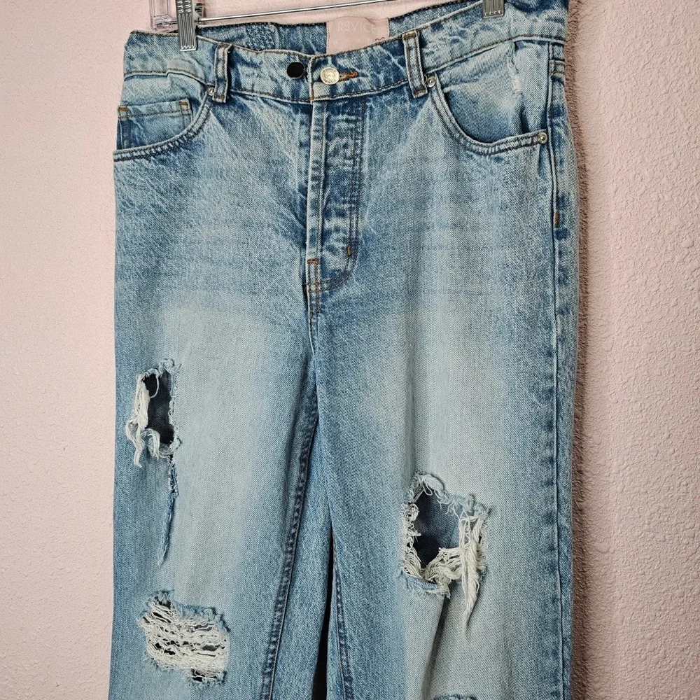 Revice Denim High Waisted Straight Leg Jeans Light Wash Distressed Size 27 *FLAW